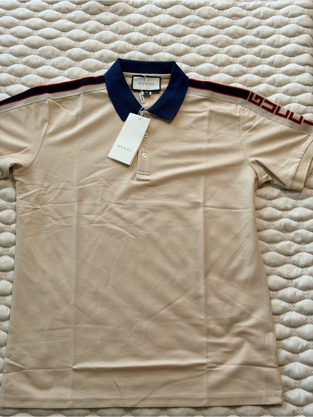 Gucci Beige Polo with Navy Collar and Red-Trim Shoulder Stripe